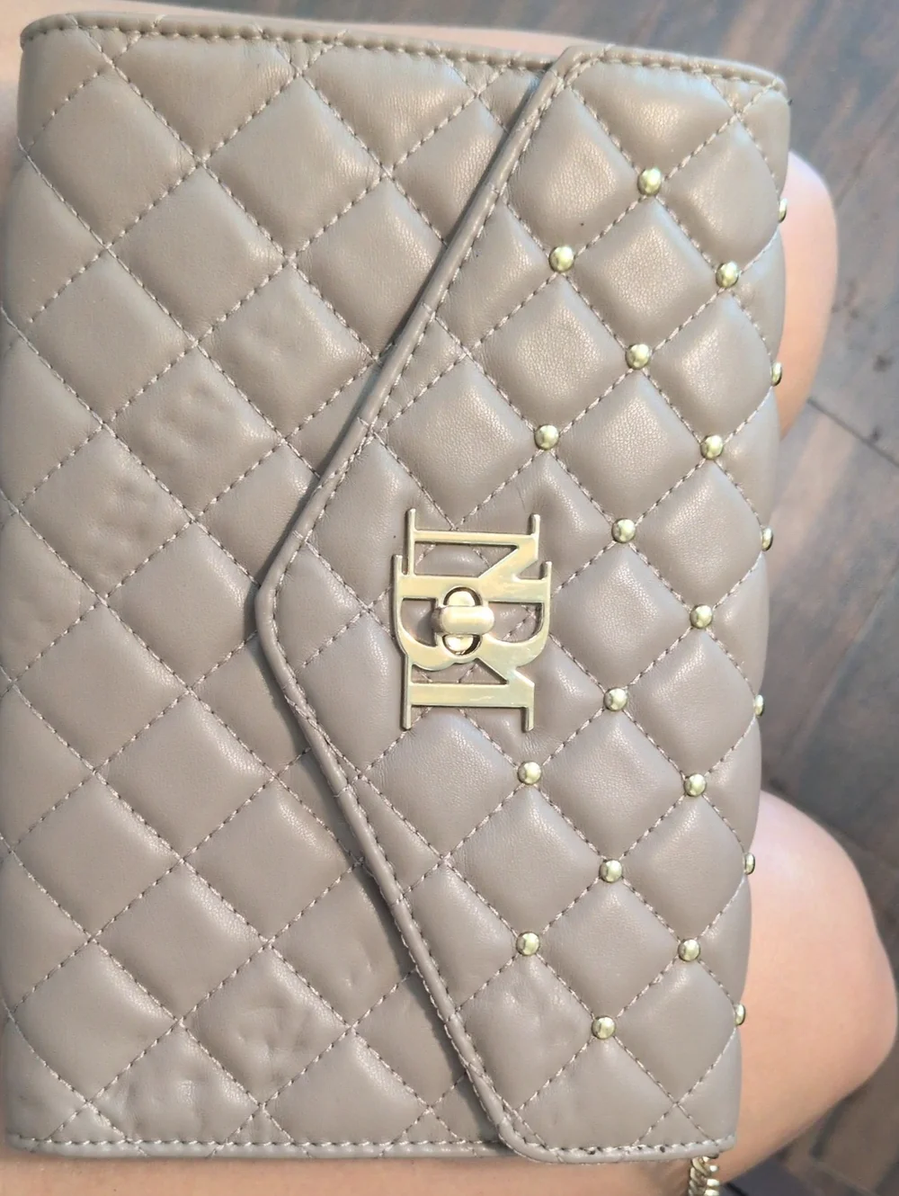 Quilted Taupe Chain Clutch with Gold Studs